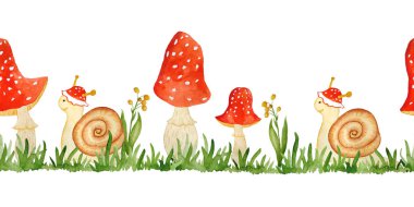 Amanita muscaria mantarlarının dikişsiz yatay sınırını orman ormanı yeşil çimenlerinde kırmızı şapkalar ve komik çizgi film salyangozları çizdi. Çocuk tekstil duvar kağıdı. Doğa doğal.