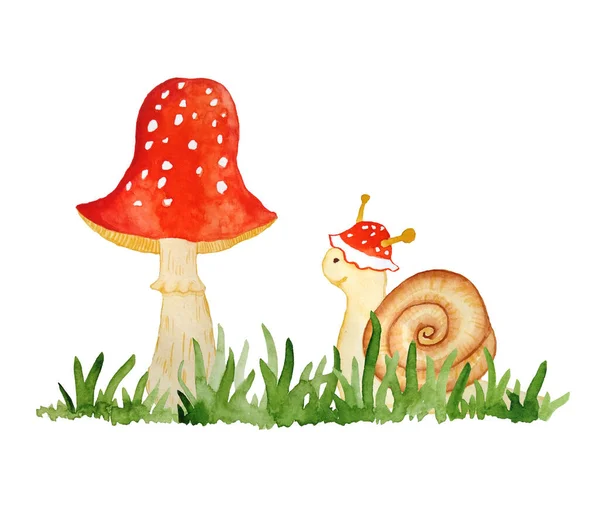 Akvarell handritad illustration komposition av amanita muscaria svampar med röda mössor i skogen trä skogsmark grönt gräs och rolig tecknad snigel. Tapeter för barn. Naturen naturlig — Stockfoto