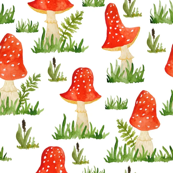 Acuarelă mână desenat model fără sudură ilustrare de ciuperci amanita muscaria cu capace roșii în lemn de pădure iarbă verde și frunze de desene animate amuzante. Tapet textil pentru copii. Natura — Fotografie, imagine de stoc