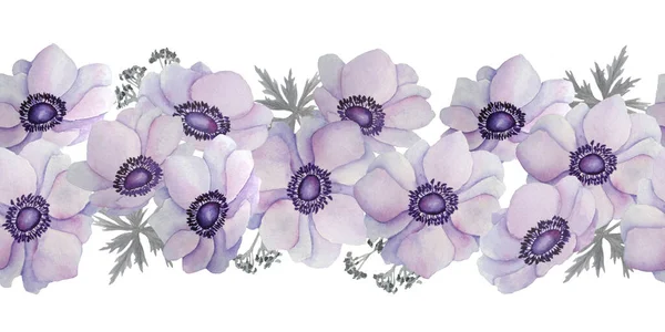 Acuarela dibujada a mano borde horizontal sin costuras de violeta violeta violeta anémona flores buttercup. Primavera floral suave neutro diseño de la naturaleza para la invitación de boda. Vintage estacional romántico —  Fotos de Stock