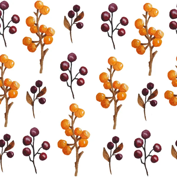 濃い赤とオレンジのエレガントな秋のベリーの小さな枝とシームレスな水彩手描きパターン。赤茶色のマルサラ・バーガンディの木の森の植物と自然の有機的な森のデザイン — ストック写真