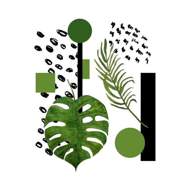 Fondo del póster abstracto: formas simples, hoja verde tropical exótica de la monstera. Impresión artística con textura de garabato, formas geométricas. Ilustración creativa minimalismo, hipster, diseño escandinavo —  Fotos de Stock