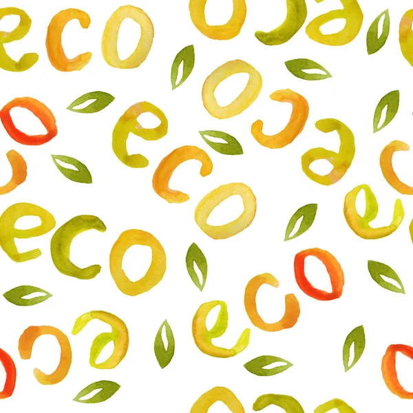 Watercolor hand drawn seamless pattern for food packaging with words eco lettering letters. For organic healthy ecological concept, natural food labels. Illustration design in orange red yellow green — Stock Photo, Image