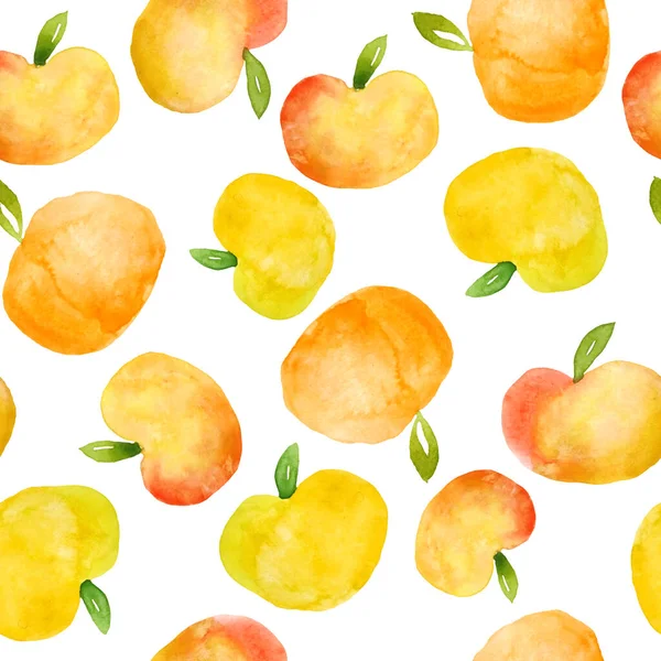 Aquarell Hand gezeichnet nahtlose Muster mit Äpfeln Früchte in einfachen minimalistischen Formdesign für Lebensmitteletiketten Verpackung, Küche Textiltapete gemalt. orange gelb rot grün farben illustration — Stockfoto