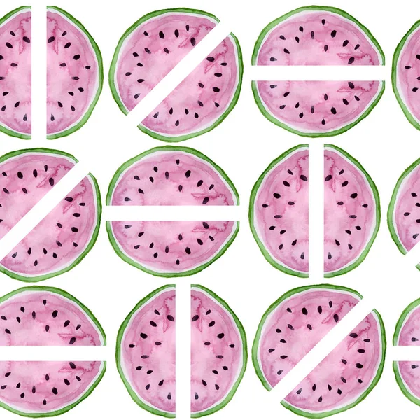 Watercolor hand drawn seamless pattern of bright vibrant red pink watermelon slices in geometric shapes. Tasty juicy fruit berry with seeds. For tropical vacation design, fabrics, wrapping paper