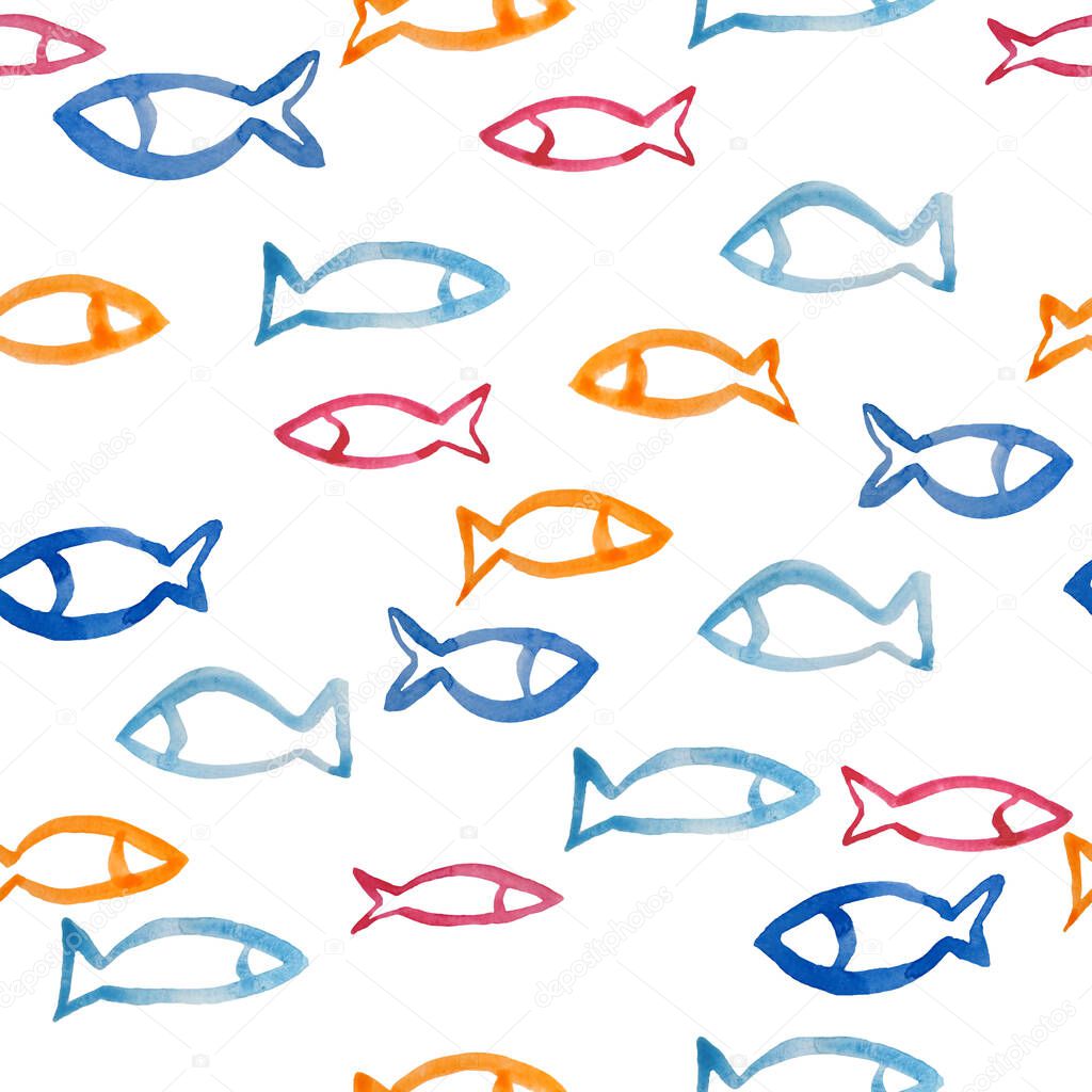 Seamless watercolor pattern with electric blue navy turquoise and red orange fish elements. Simiple minimalist design with sea river ocean underwater nature in cartoon style. Doodle for textile
