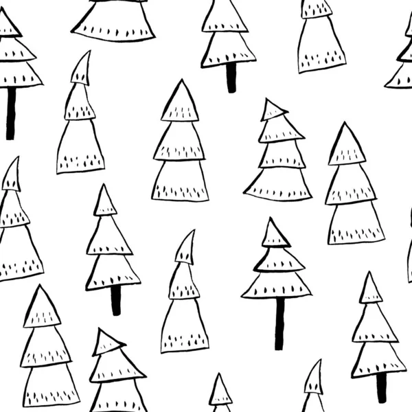 Watercolor hand drawn seamless pattern with black outline christmas pine fir trees textured elegant graphic and minimalist on white isolated backgroun. For scandinavian new year textile wrapping paper — Stock Photo, Image