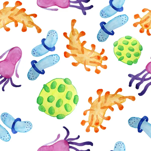 สีน้ําที่วาดด้วยมือไร้รอยต่อรูปแบบหลายสีเหลืองสีส้มสีเขียวสีฟ้าสีม่วงไวรัสและแบคทีเรียชุดแยก โรคเซลล์จุลทรรศน์ ไวรัส แบคทีเรีย และจุลินทรีย์ — ภาพถ่ายสต็อก
