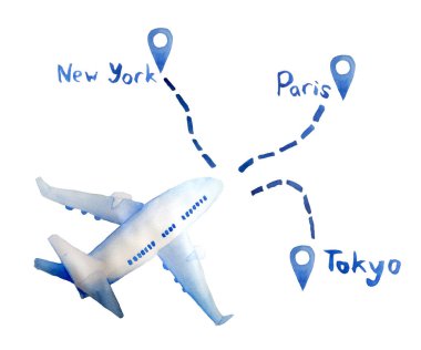 Suluboya el çizimi, yolcu uçağının mavi renkte çizilmiş hali. Varış yeri Paris New York Tokey olan coğrafi konum. Turizm seyahati konsepti. Havayolları için tasarım