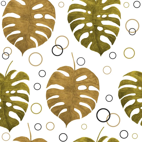 Handgezeichnete Aquarell nahtlose Musterillustration exotischer tropischer Monsterblätter in Gold- und Bronzefarbe. Botanisches üppiges Laub für trendige Textildesign-Verpackungspapier-Banner — Stockfoto