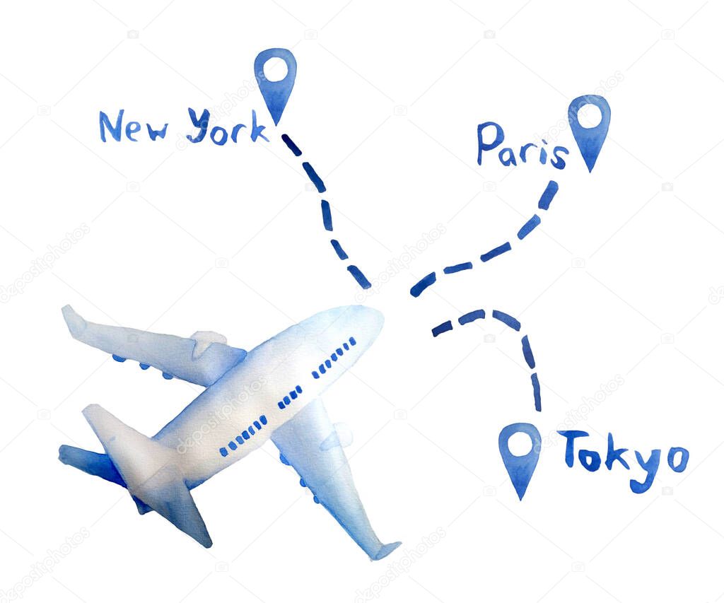 Watercolor hand drawn illustration of passenger airplane aircraft plane in blue colors. Geo location with destination Paris New York Tokey. Tourism trip journey flight concept. Design for airlines