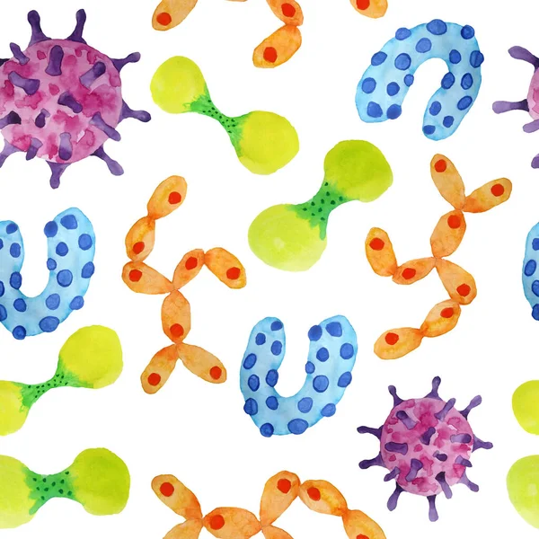 Ručně kreslené akvarel bezešvný vzor vícebarevné žlutá oranžová zelená modrá fialová viry a bakterie izolované set. Mikroskopické onemocnění buněk, virus, bakterie a mikroorganismus ilustrace — Stock fotografie