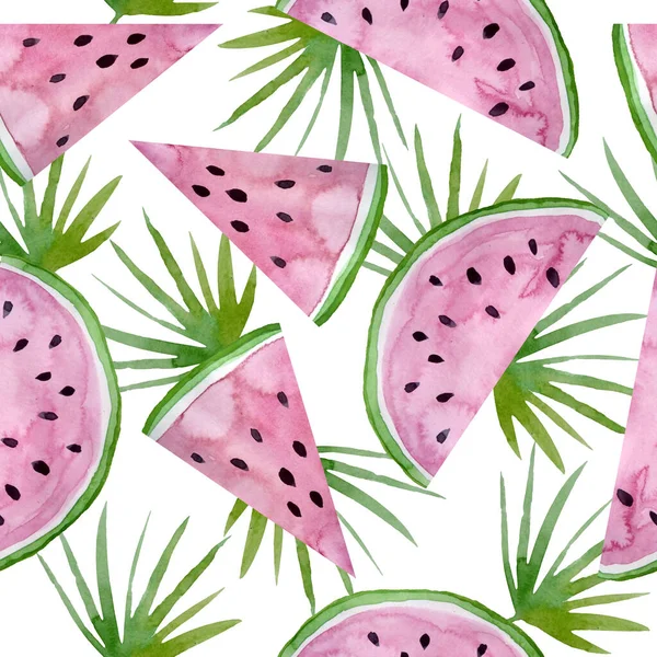 Seamless watercolor hand drawn pattern with sweet juicy watermelon slices and green palm leaves. Summer holiday tropical exotic jungle vacation. graphic floral illustration design for wallpaper