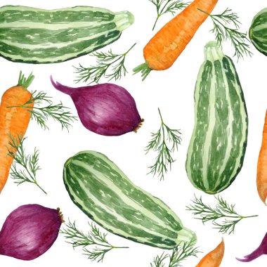 Çiftçilerin organik doğal olgun sebzeleriyle kusursuz bir suluboya deseni çizilmiş. Organize havuç, yeşil kabak kabağı kabağı. Dereotu otu, kırmızı mor soğan. Vejetaryen vejetaryen tasarım tekstil menüsü etiketleri