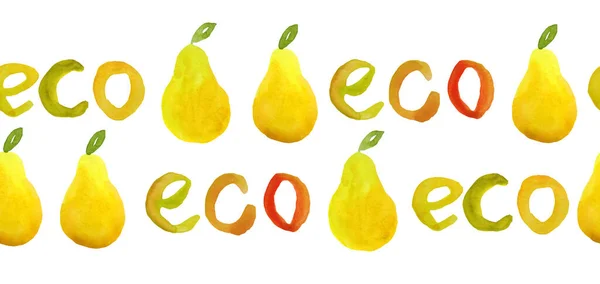 Aquarela mão desenhado sem costura fronteira horizontal embalagens de alimentos com frutas de pêra e palavras letras eco lettering. Para o conceito ecológico saudável orgânico, rótulos de alimentos naturais. Ilustração de design em — Fotografia de Stock