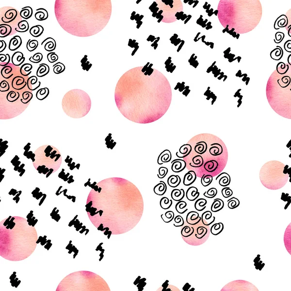 Naadloos met de hand getekend zwart-wit trendy hedendaagse grafische patroon met groepen van abstracte stippen vormen spiralen en roze aquarelpolka dot cirkels. Doodles voor textiel behang inpakpapier — Stockfoto
