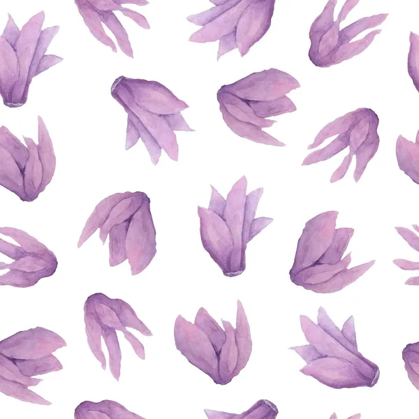 Akvarell kézzel rajzolt zökkenőmentes minta illusztráció rózsaszín lila ciklámen vadvirágok. Erdő fa erdő természet növény, reális design orgona szirmok. Esküvői kártyákhoz meghívó. — Stock Fotó