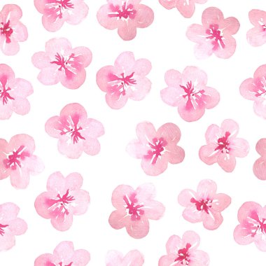 Suluboya el, pembe kirazlı sakura çiçekleriyle kusursuz desen çizmiş. Japon Çin bitkisi konsepti zarif yumuşak çiçek tasarımı çizimi. Botanik sevimli elementler.