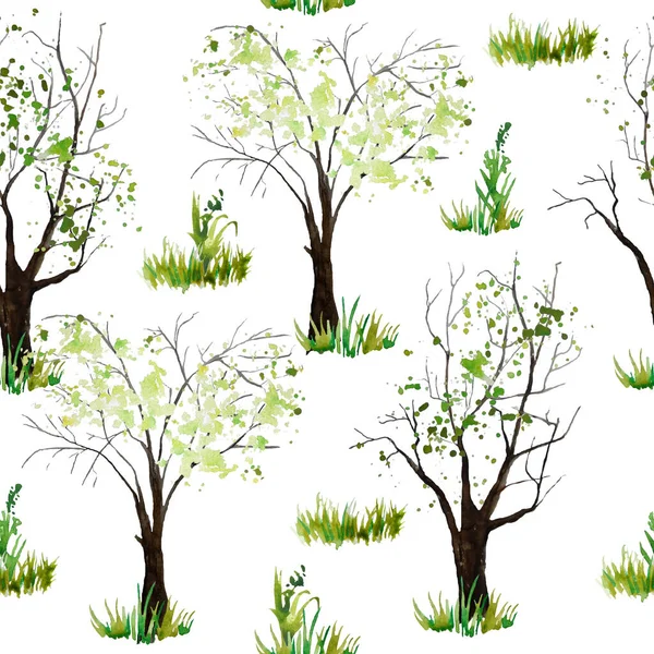 Безшовний акварельний візерунок ручної роботи з весняним лісом. Зелені літні дерева, трава, квіти, перше листя у відкритому лісі подорожі пригоди для любителів природи природний пейзаж у мультфільмі — стокове фото