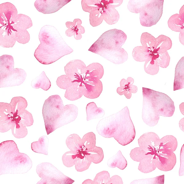 Aquarell handgezeichnet nahtlose Patern aus rosa Kirschsakura-Blüten und eleganten Herzen. Japanische chinesische Pflanze Blumen asiatischen Konzept, Liebe st Valentinstag Gefühle. Zur Dekoration der Feier — Stockfoto