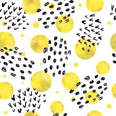 Soyut noktalardan oluşan gruplar, spiral şekiller ve pembe suluboya benekli yeşil zeytin sarısı daireler çizerek kusursuz siyah ve beyaz modaya uygun desenler çizdi. Tekstil duvar kağıdı karalamaları