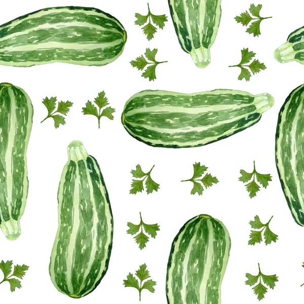 Seamless watercolor hand drawn pattern with farmers organic natural ripe vegetables. Parsley herbs and green zucchini courgette. Vegetarian vegan design kitchen cooking textile menu labels wallpaper.
