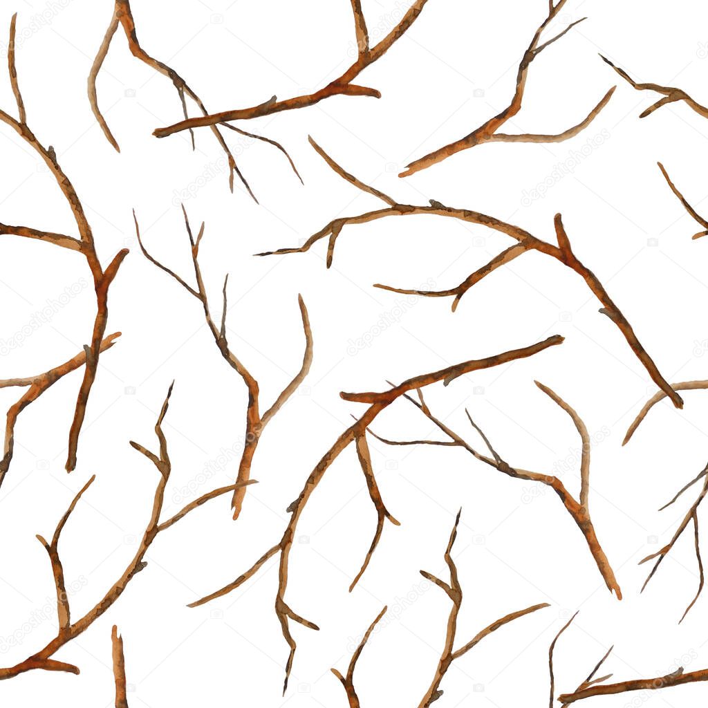 Watercolor hand drawn seamless pattern with brown branches twigs without leaves. Autumn fall winter illustration, wood woodland forest ecology environment design. Outdoor rustic elegant elements.