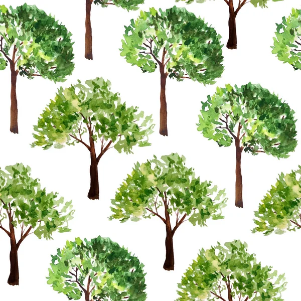 Seamless watercolor hand drawn pattern with spring summer forest. Green garden trees, grass, flowers, leaves in outdoor woodland journey adventure for nature lovers natural landscape in realistic — Stock Photo, Image