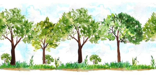 Handgezeichnete Aquarell nahtlose horizontale Grenze des grünen Frühlings Baum üppiges Laub mit braunen Sträuchern. Gemaltes Element der Landschaftsplanung. Wald Wald Wald Abenteuer Bilder. Öko — Stockfoto