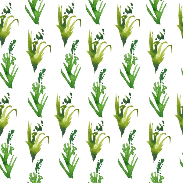 Безшовна рука намальована акварельним візерунком з зеленими дикими травами листя квітів у лісовому лісі. Органічні природні рослини, квітковий ботанічний дизайн для шпалер текстильний папір. Вінтажний бохо — стокове фото