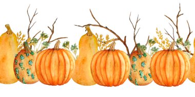 Portakal kabaklarıyla suluboya eller, sonbahar dalları, buğdaylar, organik çiftçiler, besleyici gıdalar. Cadılar Bayramı Şükran Günü tasarım illüstrasyonu. Hasat et