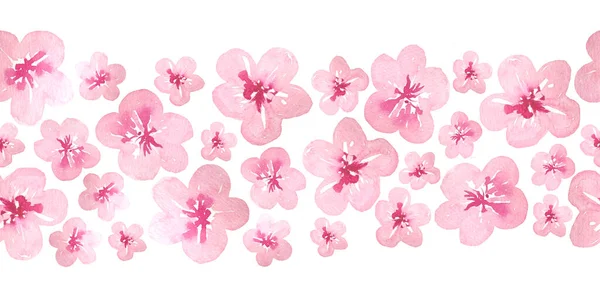 Akvarell kézzel rajzolt zökkenőmentes vízszintes szegély rózsaszín cseresznye szakura virágok virágzik. Japán kínai ázsiai növény koncepció finom elegáns puha virágos design illusztráció. Botanikai aranyos — Stock Fotó