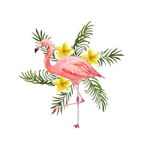 Illustrazione disegnata a mano ad acquerello con uccello fenicottero rosa e foglie di palma verde tropicale plumeria frangipani fiori su sfondo. Concetto vacanza estiva. Stampa per carta invito t-shirt — Foto Stock