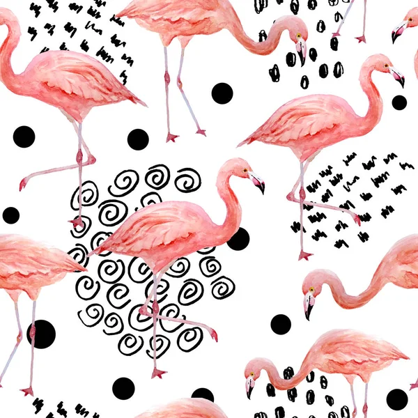 Seamless pattern of pink flamingo with black trendy contemporary background. Tropical exotic bird rose flamingos. Watercolor hand drawn realistic animal illustration. Summer bird wildlife. Wrapping