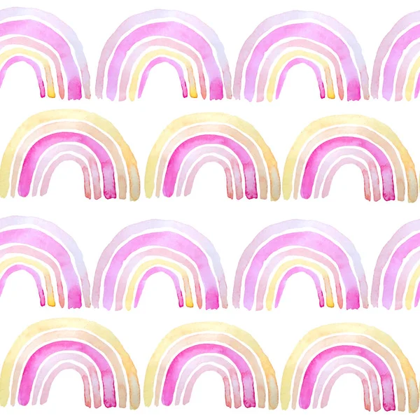 Aquarell nahtloses handgezeichnetes Muster mit leuchtend rosafarbenen Korallen-Regenbogenelementen. Modernes Design für chil kid Tapete Textil Kinderzimmer Dekoration. Weiche Pastelltöne für Mädchen-Kindermode. — Stockfoto