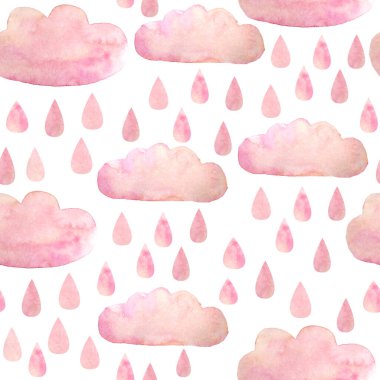 Kusursuz suluboya el çizimi, pembe bulutlu yağmur damlaları. Tekstil tasarımı için yumuşak pastel renkler bebek hediye partisi resimli davetiye posterleri. Çocuklar uyuyor.