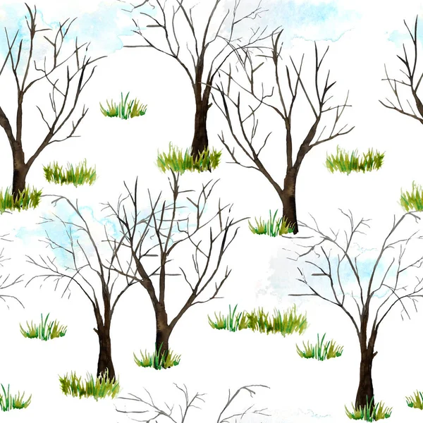 Безшовний акварельний малюнок ручної роботи з весняним лісом. Зелені літні дерева, трава, квіти, перше листя у відкритому лісі подорожі пригоди для любителів природи природний пейзаж в мультиплікаційному стилі — стокове фото