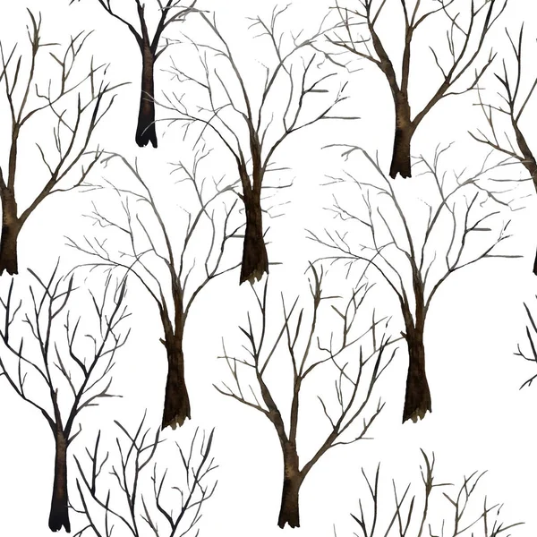 수채화를 손으로 그린 그림은 잎이 없는 맨 가을 나무의 거무스름 한 무늬, 자연 그대로의 숲 숲 숲 숲을 그린 것이다. 겨울, 봄, 가을에는 갈색 껍질을 가지고 있다. 벌거숭이 나무 가지 — 스톡 사진
