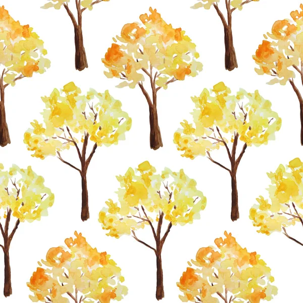 Aquarell Hand gezeichnet nahtlose Musterillustration Herbst Herbst Baum im Wald Wald Waldpark. Wilde Landschaft im Freien. Natur-Camping-Design, Herbst-Aktivitäten im Freien. Orange-gelbe Farben — Stockfoto