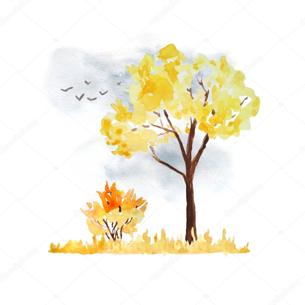 Watercolor hand drawn illustration with orange yellow autumn fall tree, bush grey sky and flying birds. wild forest woodland outdoor adventure camping, for nature lovers. Season design maple oak.