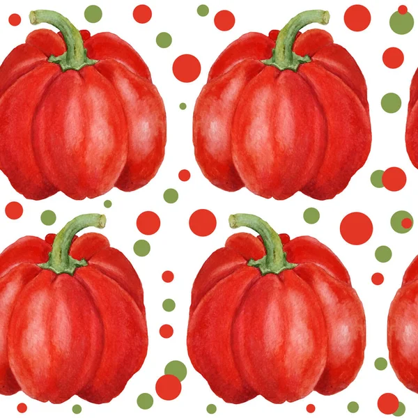 Watercolor hand drawn seamless pattern illustration of red bell pepper paprika with polka dot background. Harvest farm vegetables, organic food ingredient vegan vegetarian diet. Ripe agriculture — Stock Photo, Image