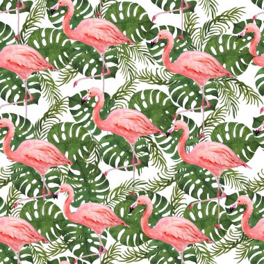 Suluboya el, arka planda pürüzsüz pembe flamingo kuşu ve tropikal yeşil canavar palmiye yaprakları çizmiş. Yaz tatili konsepti. Kart daveti t-shirt dekorasyonu için yazdır