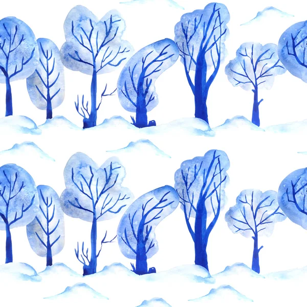 Ακουαρέλα χέρι σχεδιαστεί αδιάλειπτη μοτίβο με ηλεκτρικό μπλε απλό μινιμαλιστικό σκανδαλώδη δέντρα στυλ και το χιόνι. Χειμερινό δάσος δάσος παγωμένο χιόνι. Μοντέρνο ύφασμα σχεδιασμό περιτύλιγμα Χριστούγεννα νέο έτος. — Φωτογραφία Αρχείου