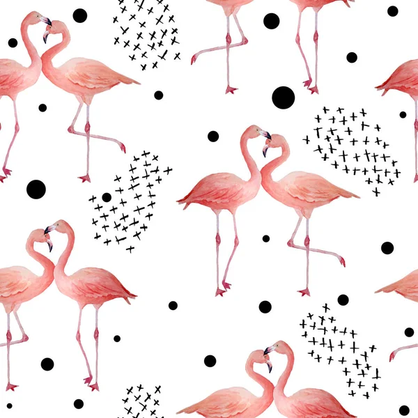 Naadloos patroon van roze flamingo met zwarte trendy hedendaagse achtergrond. Romantisch koppel in liefde. Tropische exotische vogel roos flamingo 's. Aquarel met de hand getekend dier illustratie. Moderne vogeltextiel — Stockfoto