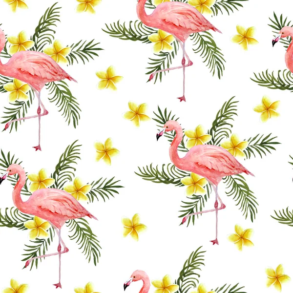 Pembe flamingo, aşık romantik çift, Plumeria Frangipani çiçekleri ile kusursuz el yapımı suluboya deseni. Tropikal egzotik kuş flamingoları. Hayvan çizimi. Düğün.