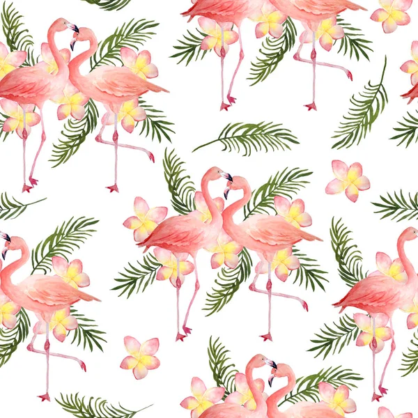 Pembe flamingo, aşık romantik çift, Plumeria Frangipani çiçekleri ile kusursuz el yapımı suluboya deseni. Tropikal egzotik kuş flamingoları. Gerçekçi hayvan çizimi. Düğün.