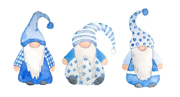 Mão aquarela desenhada gnomos escandinavos nórdicos para árvore de decoração de Natal. Ilustração do ano novo em estilo cartoon cinza azul. Personagem de inverno engraçado elfo sueco do norte em barba de chapéu. Cartão de saudação — Fotografia de Stock