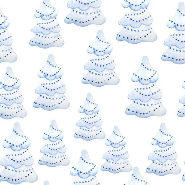 Akvarell sömlös handritade mönster med julgran granar i blå dekoration prydnad. Nyårsfirande design i nordisk skandinavisk stil på vit bakgrund. Minimalistisk enkel — Stockfoto