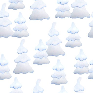 Suluboya, mavi süslemeli Noel çam ağaçlarıyla kusursuz el çizimi deseni. Beyaz arka planda İskandinav tarzı İskandinav tarzı yeni yıl kutlaması tasarımı. Basit minimalist