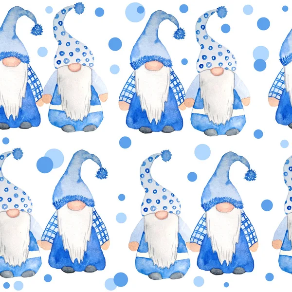 Watercolor hand drawn seamless pattern nordic scandinavian gnomes for christmas decor tree. New year illustration in blue grey polka dot background. Funny winter character north swedish elf in hat — Stock Photo, Image